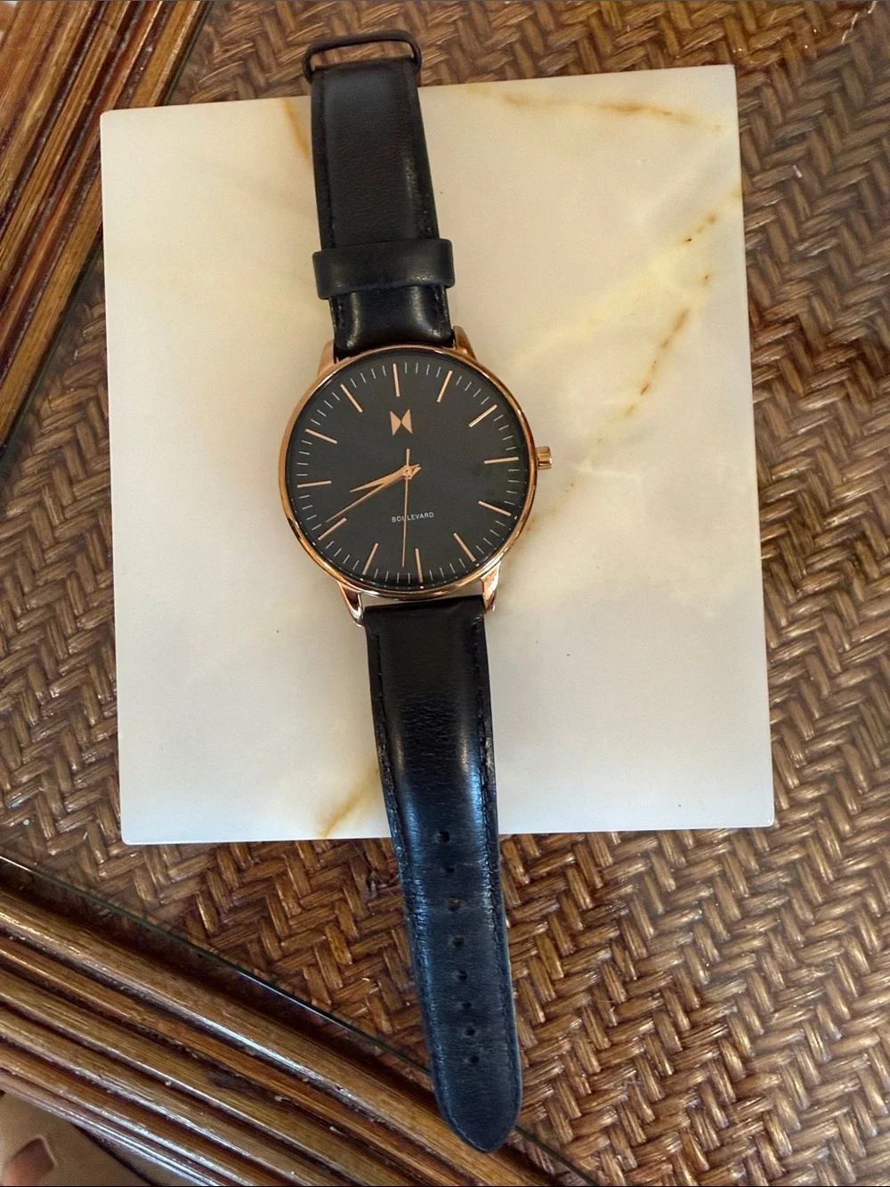 MVMT Black Dial Rose Gold Case Black Leather Strap Watch